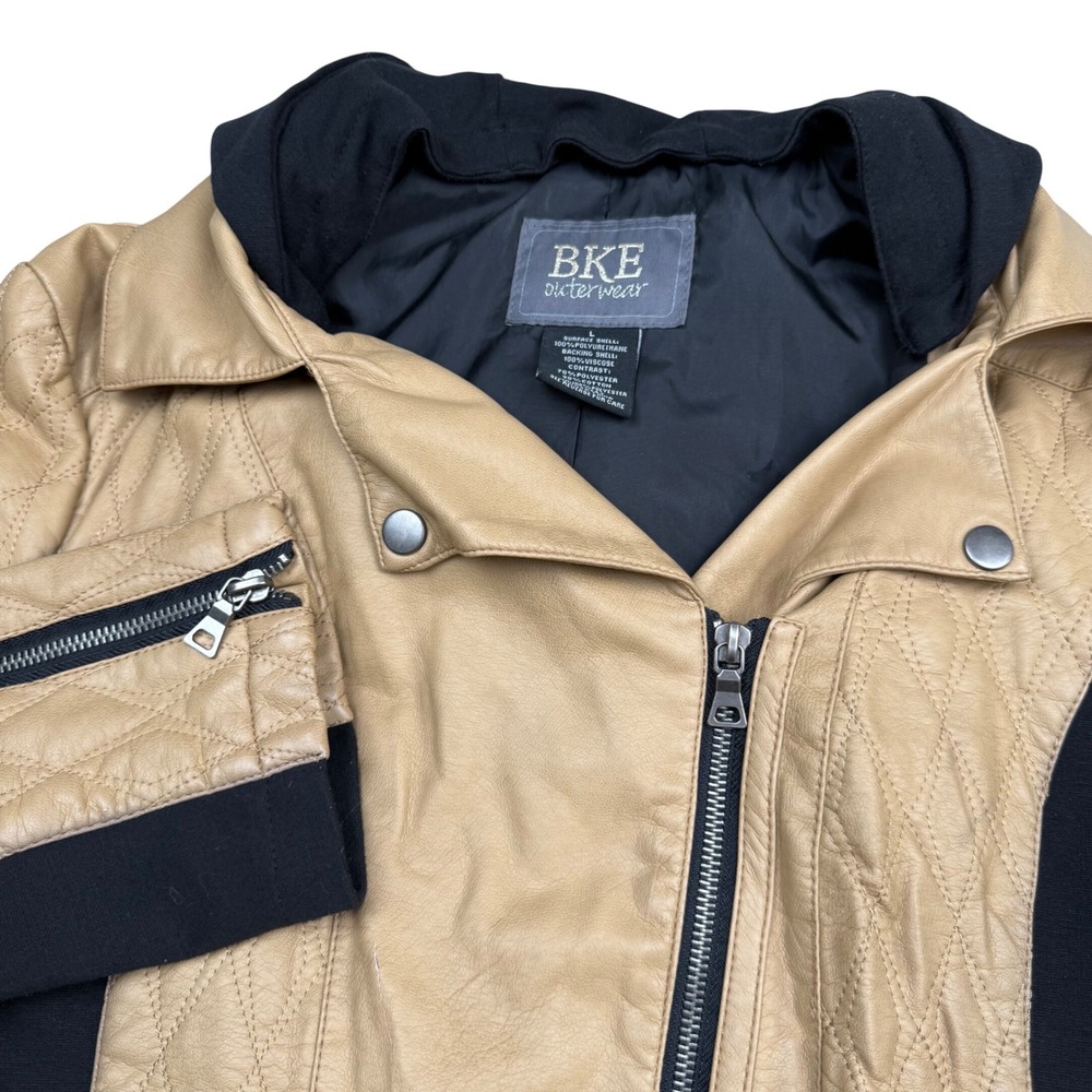 BKE Outerwear Womens Tan Faux Leather Quilted Moto Jacket Removable Hood Large